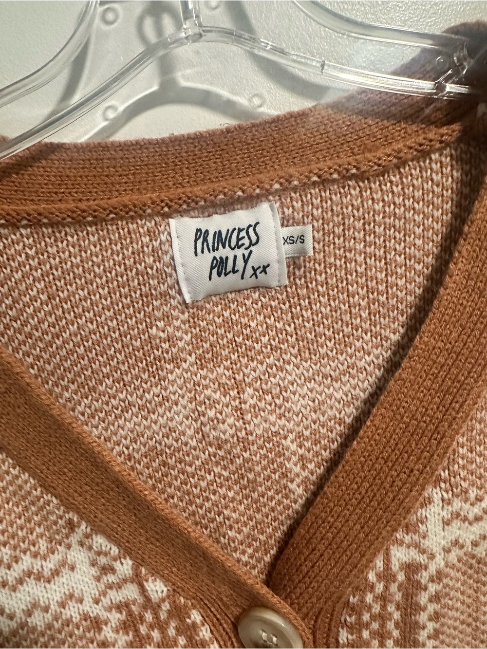 Princess Polly Rust and Cream Plaid Cropped Cardigan Sweater - Picture 2 of 3